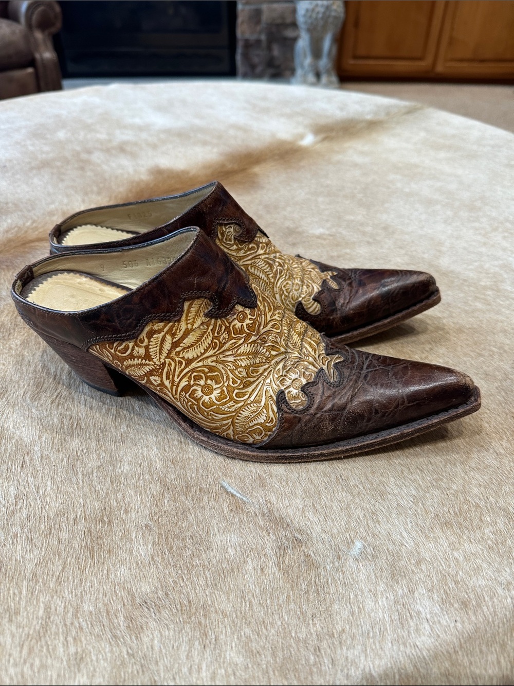 Brown Leather Western Embossed Mules